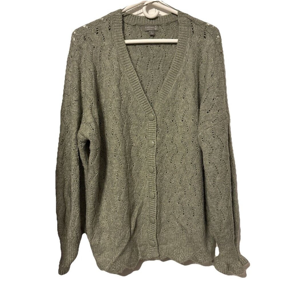 Cupcake Clothing LTD Cable Open Knit Cardigan Sweater Green Women's Size XL
